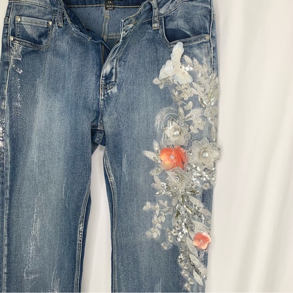 Juliette Jeans Embellished with Floral Sequins and Brushed with Silver Size 14 - Picture 4 of 8